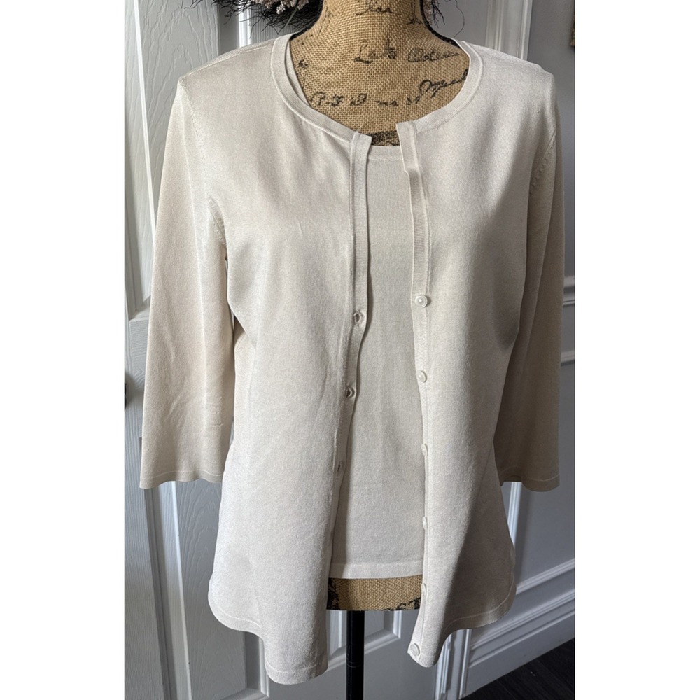 Ann Taylor Womens Beige Tank Top Matching Cardigan Sweater Set 2 Piece Medium